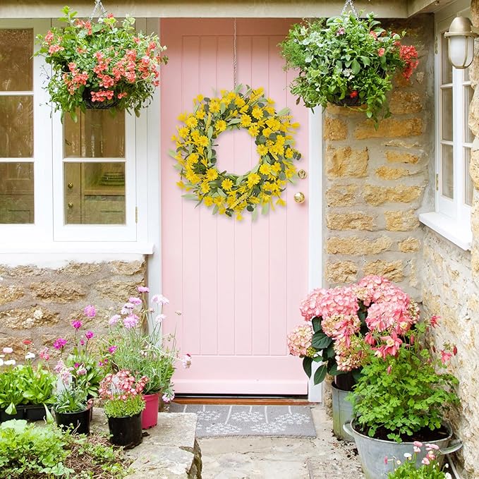 24 Inch Yellow Daisy Wreath, Artificial Spring Summer Wreath with Eucalyptus Leaves, Yellow Forsythia Flowers Front Door Wreath for Indoor Outdoor Home Farmhouse Wall Window Porch Decor