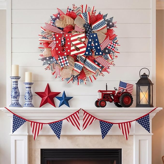24Inch 4th of July Wreath, Patriotic Burlap Wreath for Front Door,Stripe and Stars Wreaths for USA 250th Anniversary, Memorial Day American Flag Printed Decorations for Outdoor (Wreath-2)