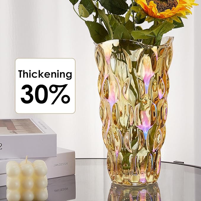 CEMABT 9.5inch 3.4 lb Glass Vases for Flowers Unbreakable Thickened Morden vase for Tables Centerpieces,Colorful,Vintage and Clear Rose Large Flower vases for Bouquet Unique Gifts（Gold）