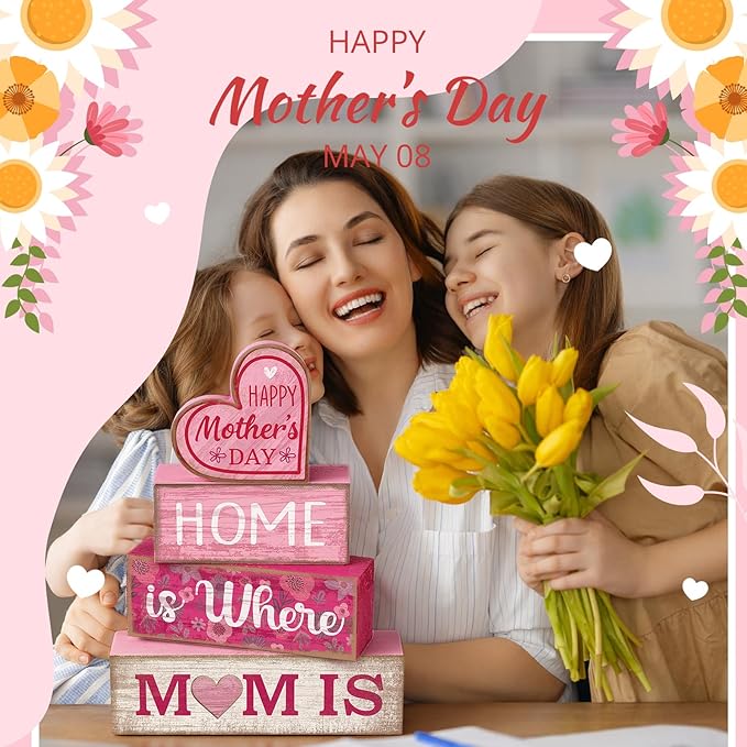 Lineshading 4 Pcs Mothers Day Table Decorations Wooden Pink Heart Decor Happy Mother's Centerpieces Gifts for Mom from Daughter Son Mothers Day Decorations for Home Shelf Indoor Party Decoration