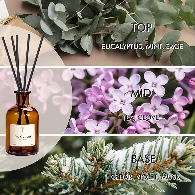 Reed Diffuser Set, 8.12 fl.oz Eucalyptus Scented Diffuser with Sticks, Up to 120 Days, Home Fragrance Reed Diffuser for Bathroom Shelf Decor & Room Freshener