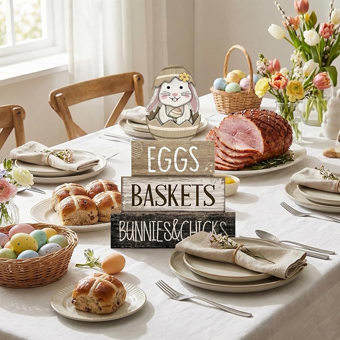 Lineshading 4 Pcs Easter Bunny Table Decoration Wooden Rustic Bunny 3-Tier Wooden Stacked Decor with 3D Hatching Rabbit Farmhouse Decor for Home Kitchen Dining Room, Easter Party Centerpiece Gift