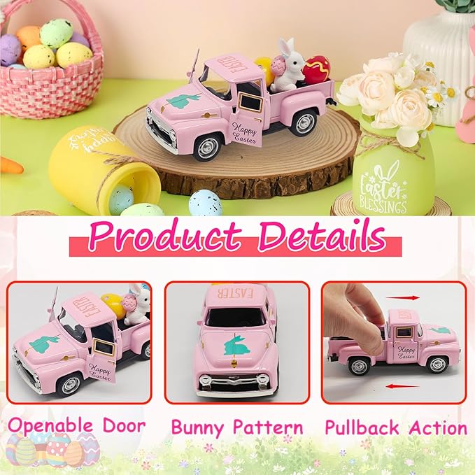 Pink Easter Decorations - Mini Farmhouse Vintage Metal Truck with Easter Eggs & Bunny, Pink Spring Farm-Style Pickup Decor for Table Tiered Tray Home Kitchen Office Keepsake Gifts