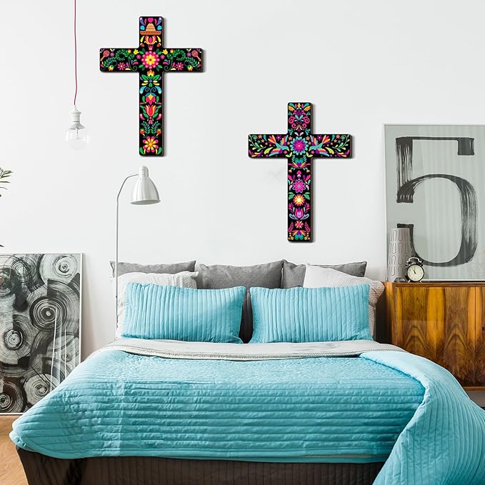 Pinkunn 2 Pcs Mexican Cross Wall Decor Floral Day of The Dead Decoration Hand Painted Wood Wall Art Dia De Los Muertos Altar Decorations Spanish Cross Decor for Home(Flower)