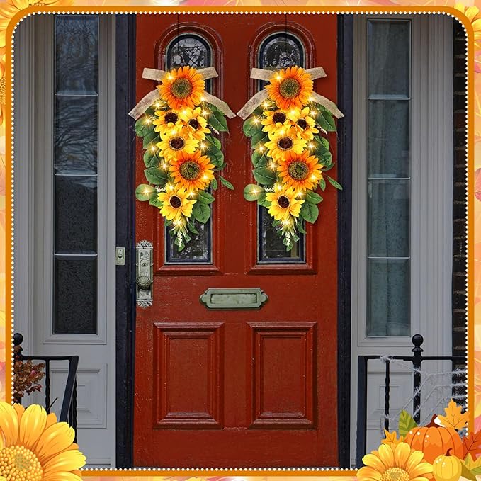 Lyrow 4 Pcs Cordless Prelit Christmas Sunflower Artificial Swags 24" Stairway Teardrop Trim Swag with Timer Christmas Staircase Decoration Battery Operated Garland for Indoor Outdoor Railing Decor