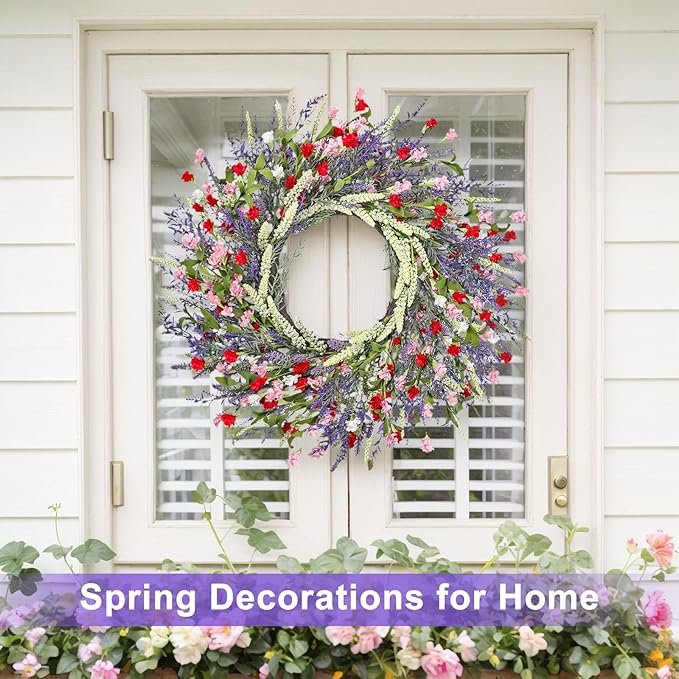 LZNPA 26 Inch Large Lavender Wreath for Front Door Greenery Summer Spring Wreaths for Front Door Wreaths for Front Door All Seasons for Wedding Farmhouse Wall Porch Window Decor(Red Pink Lavender)