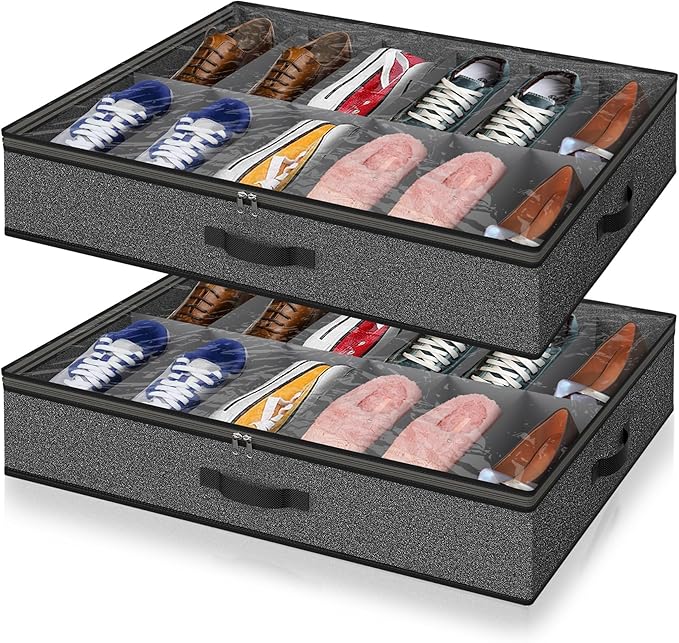 Under Bed Shoe Storage Organizer for Closet, Fits 24 Pairs Underbed Shoes Box Storage Containers Under the Bed Storage Foldable with Sturdy Handles&Clear Window for College Dorms Grey, Set of 2