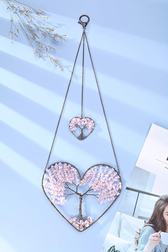 JOVIVI Tree of Life Feng Shui Crystal Heart Hanging Ornament Rose Quartz Gemstones Healing Stones Yoga Meditation Window Wall Hanger for Home Wedding Decor
