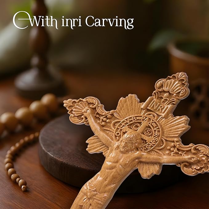 DAICAT Handcrafted Wooden Catholic Cross, Religious Wall Crucifix, Catholic Crucifix 10 inches, Natural Wood (6.7 x 9.8 IN, Jesus 1)