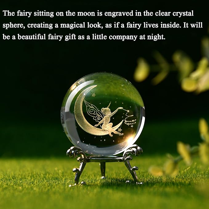 IFOLAINA 3D Fairy Crystal Ball with Stand 60mm Laser Engraved Moon Fairy Glass Ball Decorative Globes Crystal Fairy Sphere Gifts for Girl Her Fairy Lover Birthday Gifts for Daughters
