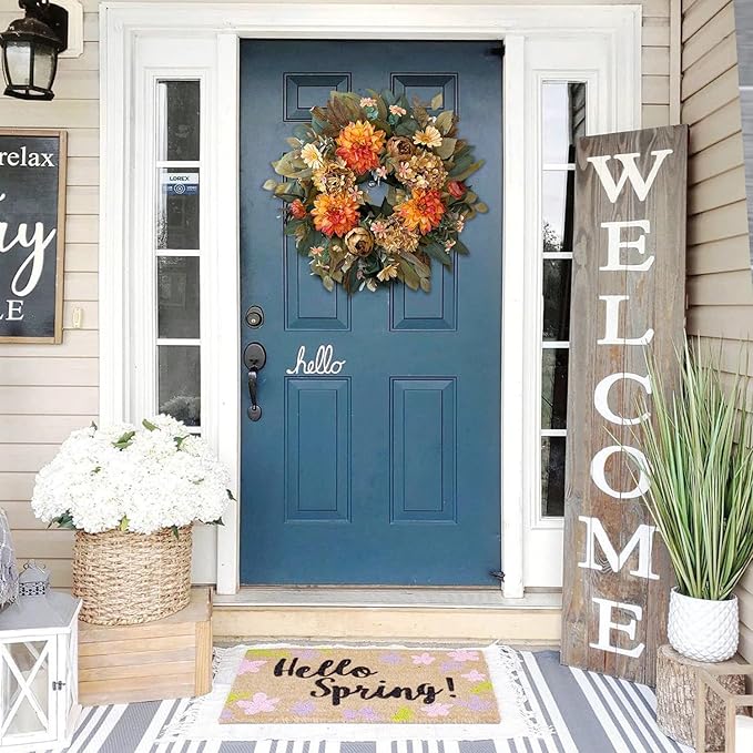 WANNA-CUL 24 Inch Spring Fall Wreaths for Front Door,Fall Wreath with Orange Hydrangea&Peony and Dahlia -Fall Decoration for Home-Fall Decor Door Wreath for Valentines Day,Mothers Day,Autumn,Harvest