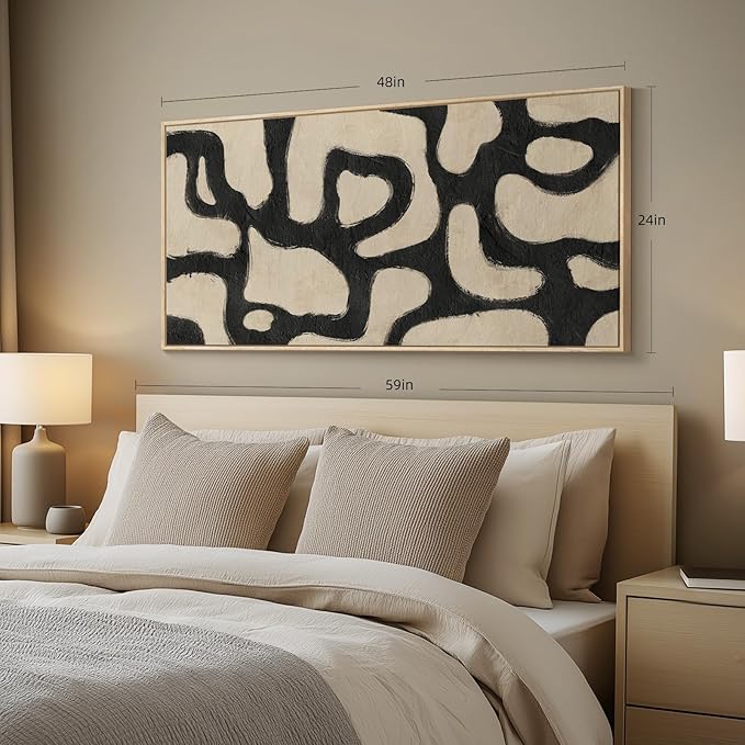 Framed Abstract Neutral Horizontal Wall Art for Living Room, Black Beige Mid Century Modern Artwork for Walls, Large Abstract Canvas Painting Print for Bedroom Hallway Home Office Wall Decor, 24x48 In