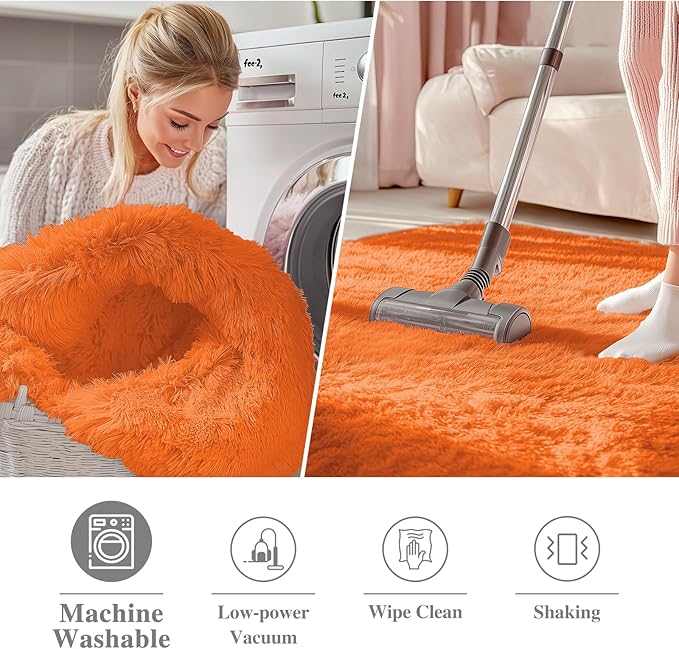 OLANLY Orange Round Rugs for Bedroom - Machine Washable, 2 ft Circle Area Rugs for Living Room, Soft and Fluffy Shaggy Carpet for Teen Girl and Boys, Nursery Rooms, Dorms, Home Decor Aesthetic