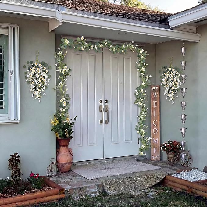 Pinkpum 20'' Eucalyptus Wreath 22'' Daisy Teardrop Swags Set 4 for Front Door Fireplace Hanging Porch Wall Home Window Kitchen Decor Farmhouse Garden Party Indoor Outdoor Summer Spring Fall