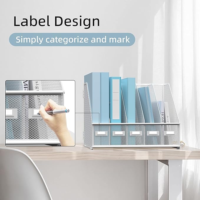 SUPEASY Desk Organizers Metal Desk Magazine File Holder with 5 Vertical Compartments Rack File Organizer for Office Desktop, Classroom, Home Workspace, White