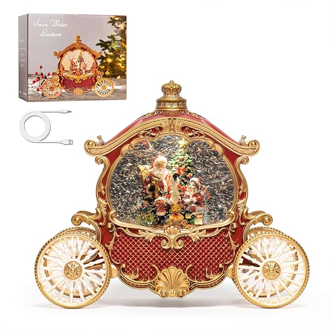 Christmas Red Carriage Snow Globe Lantern with Gift Box - Santa Scene Water Lantern with Glitter Snow - Musical Holiday Decor with LED Lights - Battery Or USB Cable Powered Operated (Red with gold)