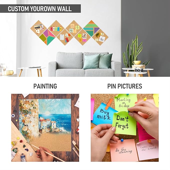 Cork Board Tiles - 8 Packs Adhesive Corkboards for Wall,Small Cork Board Decorations, CorkBoard Squares, Cork Sheet Decorative CorkBoard for Office, School & Home