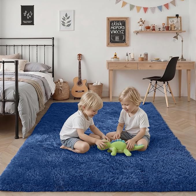Fluffy Area Rugs 9x12 Living Room Bedroom: Ultra Soft Shag Rug Upgrade Non-Slip Non-Shedding Large Fuzzy Plush Carpet Indoor Floor Carpets for Kids Room Playroom Nursery Dorms Home Decor Blue