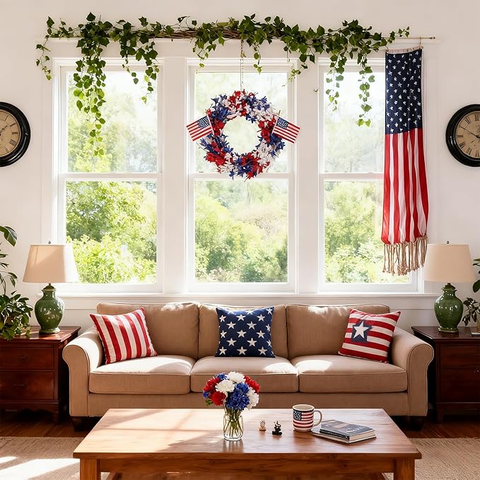 4th of July Wreath Patriotic Wreath 22 Inch Independence Day Wreaths for Front Door with Red White Blue Flag Forsythia Flowers for American Memorial Day Flag Day Indoor Outdoor Decor