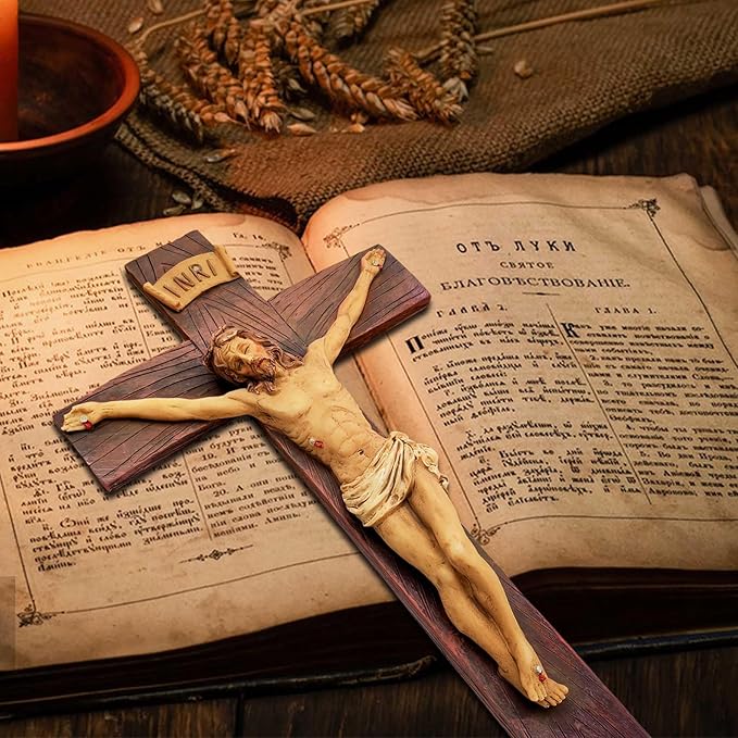 PlentifulHome 9” Resin Crucifix Wall Cross – Catholic Cross for Wall Decor, Jesus Christ Figurine, Inspirational Christian Religious Hanging for Home, Church & Spiritual Gifts