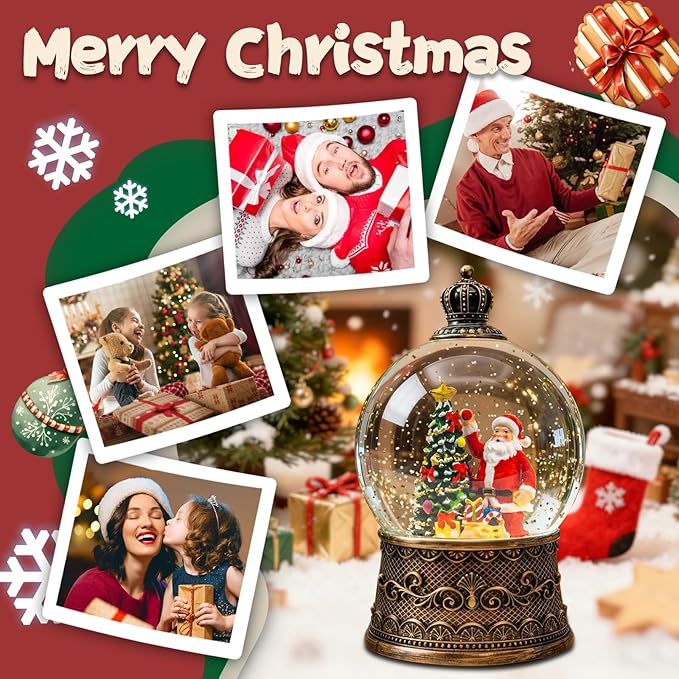 Christmas Snow Globes Lantern, Santa Claus and Gifts Christmas Decorations Indoor, 6H Timer Battery & USB Powered Light Up Musical Snow Globes for Kids Women Adults Gift Thanksgiving Home Decor