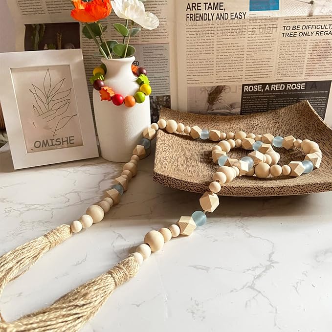 OMISHE Wood Bead Garland with Tassels 52 Inches, Octagonal Handmade Wooden Beads with Blue Acrylic Beads, Boho Wooden Beads Home Decor, Farmhouse Beads Garland for Tiered Tray Decor Beach Decor
