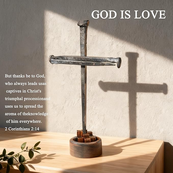 LeMeeOly Jesus Christ Crucifixion Nail Metal Cross Wooden Base, Baptism & Religious Gifts for Men Women,Christian Home Decor (Aroma Diffuser Wood)