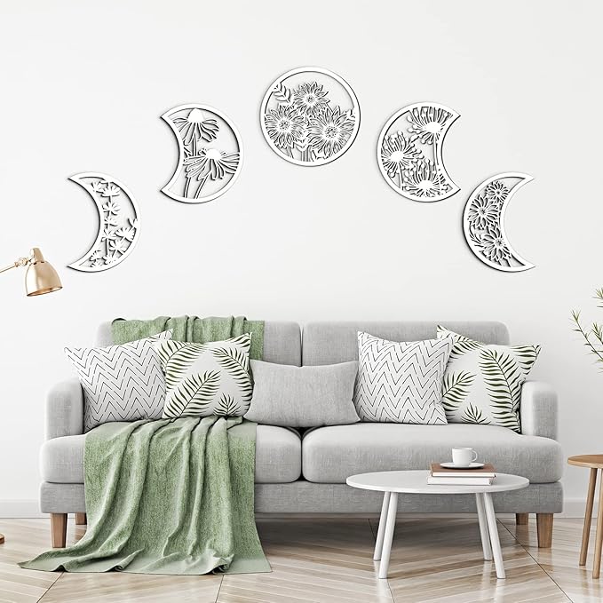 Jetec 5 Pcs Moon Phase Wall Art Decor Wall Pediments Hanging Wooden Phase Spiritual Bedroom Nordic Boho Lunar Aesthetic Art for Living Room Dorm Apartment Ornament(White)