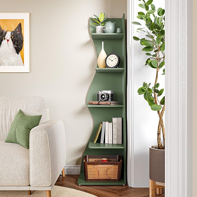 LITTLE TREE Small Corner Shelf, Modern 5-Tier Wall Corner Bookshelf, Stylish Bookcase Storage Rack for Small Space, Living Room, Bedroom, Green, 2 Pack