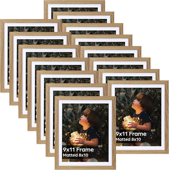 Lyeasw 8x10 Picture Frame 15 Pack, Display Pictures 8x10 with Mat or 9x11 without Mat, Natural Wood Color Bulk Photo Frames for Wall or Tabletop