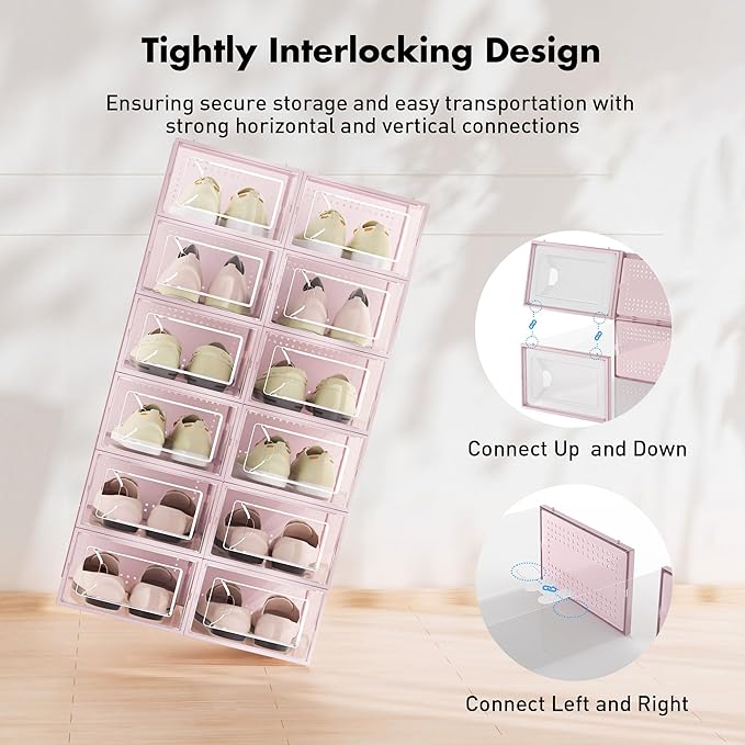 Shoe Storage Box, 15 Pack Clear Plastic Stackable Shoe Organizer for Closet, Interlocking Design Shoe Container Bins for Sneakers, Foldable Shoe Rack with Lids, Pink
