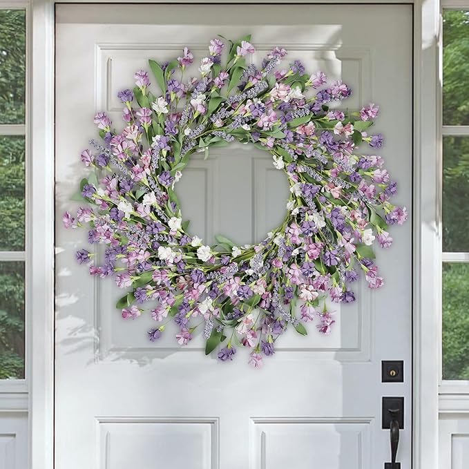 Artgar Front Door Wreath 24 Inch Spring/Summer Wreaths for Front Door, Front Door Wreaths for All Seasons for Indoor Outdoor Home Office Wall Window Wedding Farmhouse Decor (Purple)