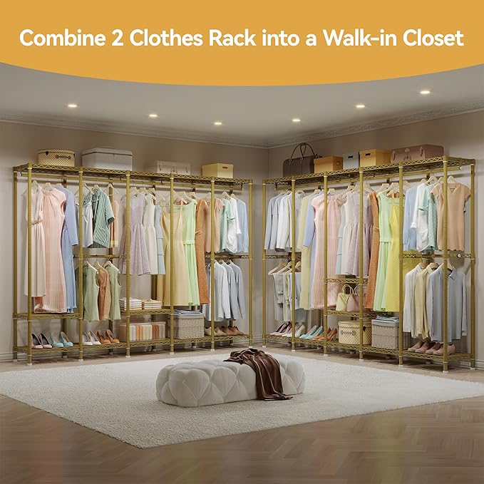 H5 Large Wire Garment Rack, Heavy Duty Clothes Racks, Wardrobe Closet Rack for Hanging Clothes, Freestanding Clothing Racks with Adjustable Shelf, 93.3" Wx15.7 Dx75.4 H, Gold, Load 1400 lbs