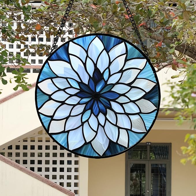 Stained Glass Suncatcher, Blue White Multi-Petal Flowers Sun Catcher Landscape Stain Glass Window Hanging Decoration Mother's Day Birthday Gifts for Women Men Mom Nana 6.3 in