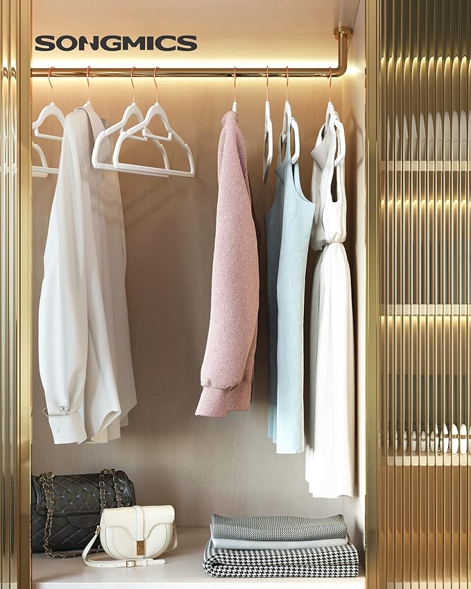 SONGMICS Velvet Hangers, Set of 30 Clothes Hanger with Rose Gold Swivel Hook, Non-Slip, and Space-Saving, 0.2-Inch Thick, 17.1-Inch Long for Coat, Shirt, Dress, Pants, Tie, Cloud White UCRF021W01