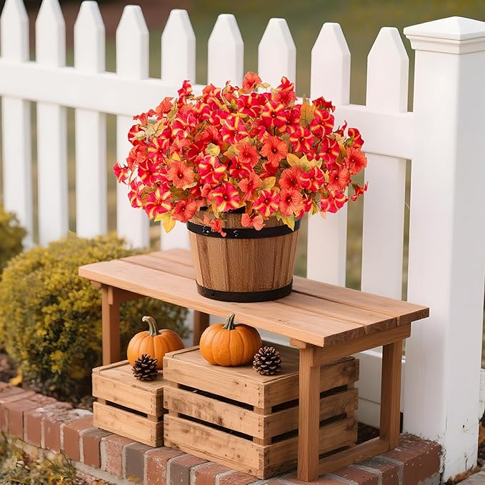 8 Bundles Fake Fall Flowers Artificial Plants for Outdoor Decorations, Faux Fall Petunias Flowers for Outside UV Resistant Realistic Planters for Garden Porch Patio Indoor Autumn Decor(Orange Red)