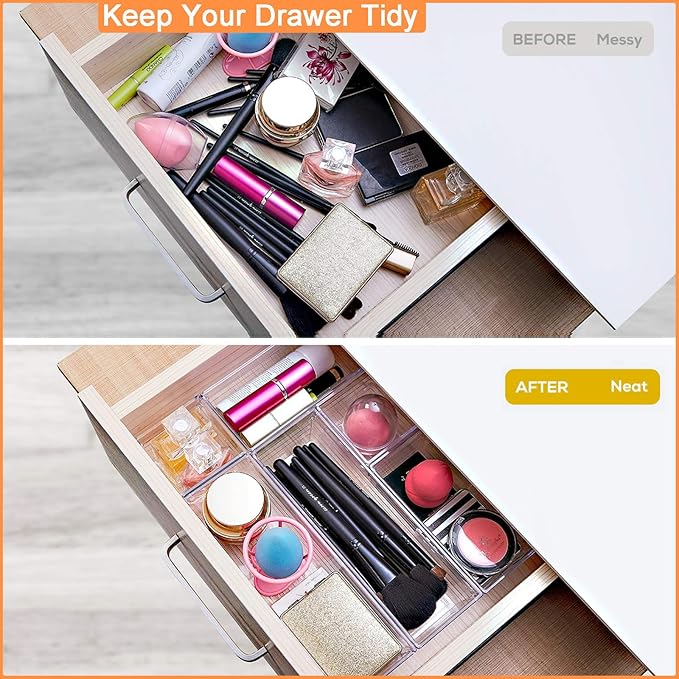 DCA 28 PCS Clear Plastic Drawer Organizers Set, 4-Size Versatile Bathroom and Vanity Drawer Organizer Trays, Storage Bins for Makeup, Bedroom, Kitchen Gadgets Utensils and Office