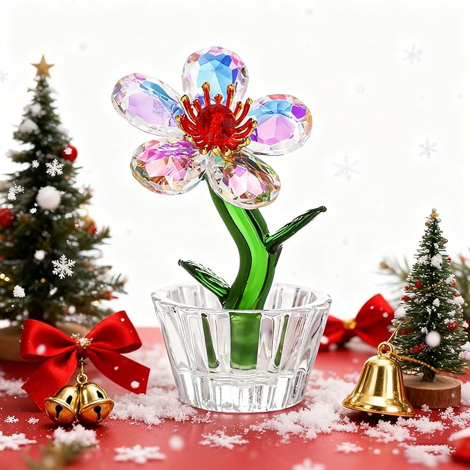 Crystal Peach Blossom Mini Ornament Figurine 2.9 * 1.5in Glass Flower Decoration for Home Office for Mom