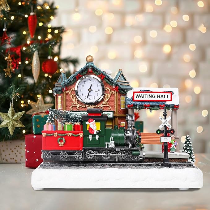 WONDER GARDEN Christmas Village Houses-Christmas Houses Village - Lighted Musical Railway Station Collectible Buildings with Moving Train for Home Indoor Decor or Gift