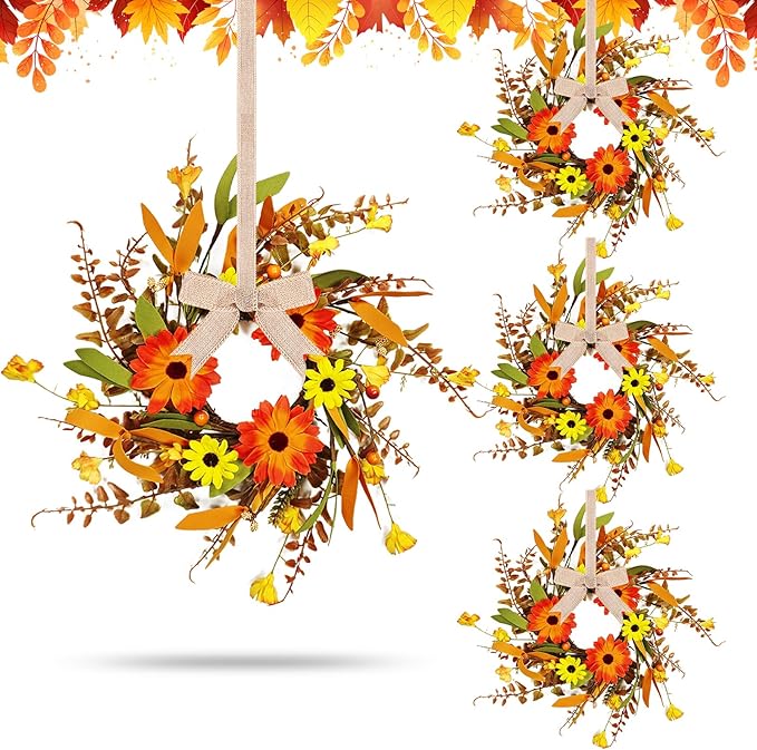 4 Pcs Mini Fall Autumn Swags Wreaths Thanksgiving Artificial Daisy Candle Rings Wreaths Autumn Cabinets Farmhouse Wreath with Ribbon for Pillar Front Door Porch Wall Window Decoration