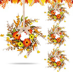 4 Pcs Mini Fall Autumn Swags Wreaths Thanksgiving Artificial Daisy Candle Rings Wreaths Autumn Cabinets Farmhouse Wreath with Ribbon for Pillar Front Door Porch Wall Window Decoration