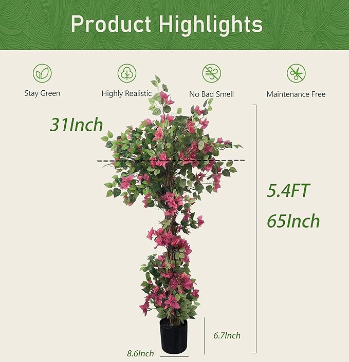 Bougainvillea Artificial Tree with Flowers (5.4FT-65 Inch) UV- Resistance Faux Blooming Flower Outdoor/Indoor Tree Front Porch Plants, Home, Office, Living Room Decor