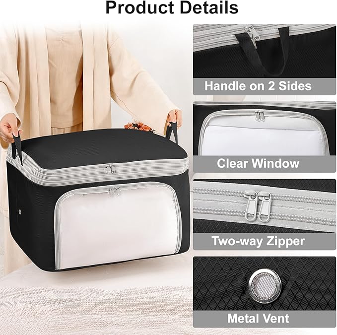 Comforter Storage Bag - 130L Blanket Storage Bags Front-opening Ultra Space Saving Self Compression Organizer, Washable Compression Bags for Storage Comforter Blanket, 1 Pack, Black