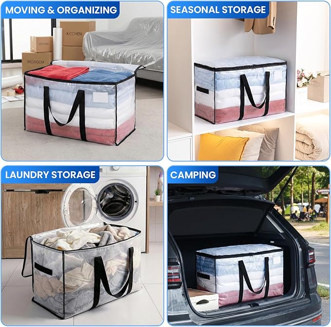 TAILI Extra Large Moving Bags, 4 Pack Clear Heavy Duty Totes For Storage with Visible Window, Wrap Around Handles, Storage Bags for Space Saving, Alternative to Moving Boxes