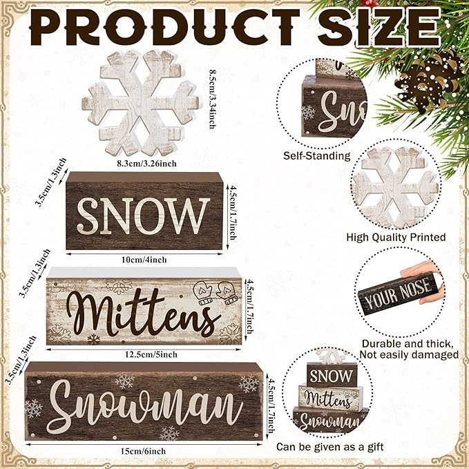 Moucuny 4 Pcs Winter Table Decorations Wooden Snowflake Decor Christmas Tiered Tray Decor Rustic Decorative Snowflake Block Sign Gift Winter Table Centerpiece for Wonderland Party Home Kitchen