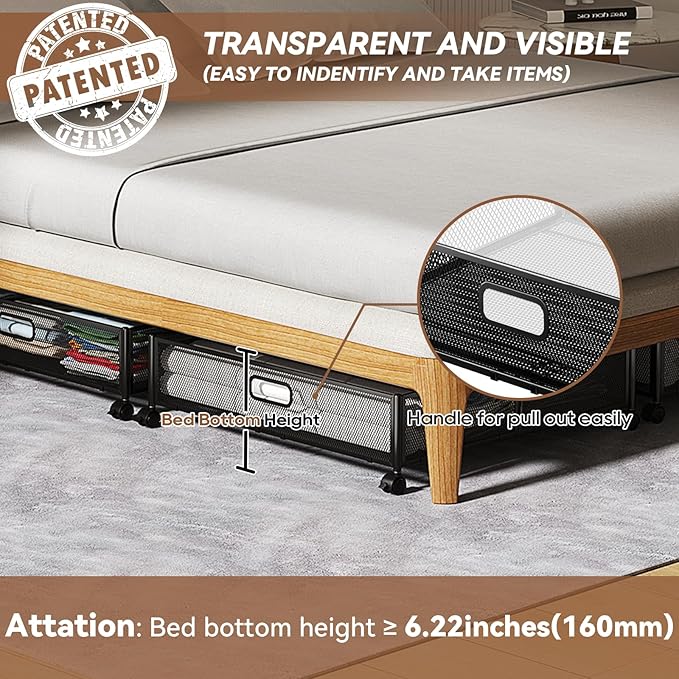 Under Bed Storage Containers with Wheels - Shoe Storage Organizer Drawer, Tool-free Assembly Metal Underbed Storage for Bedroom Clothes, Shoes, Blankets - 4Pack