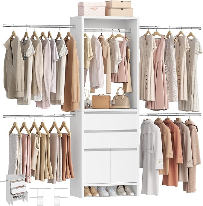 Closet System, Closet Organizer System with 4 Hang Rods, Walk-in Wooden Storage Systems with 2 Drawers & Shoe Cabinet, Fits Spaces 4-9.8FT, Wardrobe Clothes Rack Garment Rack, White MC00103E