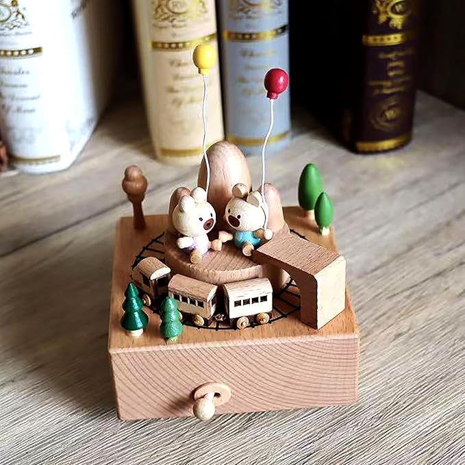 Natural Solid Wood Handcrafted Beech Wooden, Musical FigureTotoro/Carousel/Fairy/Ballerina Figurine,Rotating Hand Crank Mechanism Music Box,Musical Decorations (Little Bear and Train)