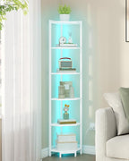 Hzuaneri Corner Shelf with LED Light, 6-Tier Corner Bookshelf, Tall Narrow Display Bookcase with Metal Frame, Standing Shelf for Small Space, Living Room, Home Office, Bedroom, White CS66613W