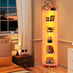 Corner Shelf with LED Lights, 6-Tier Corner Bookshelf, 66'' Organizer Book Shelf Shelves Steel Frame Display Stand with Living Room, Bedroom, Study, White
